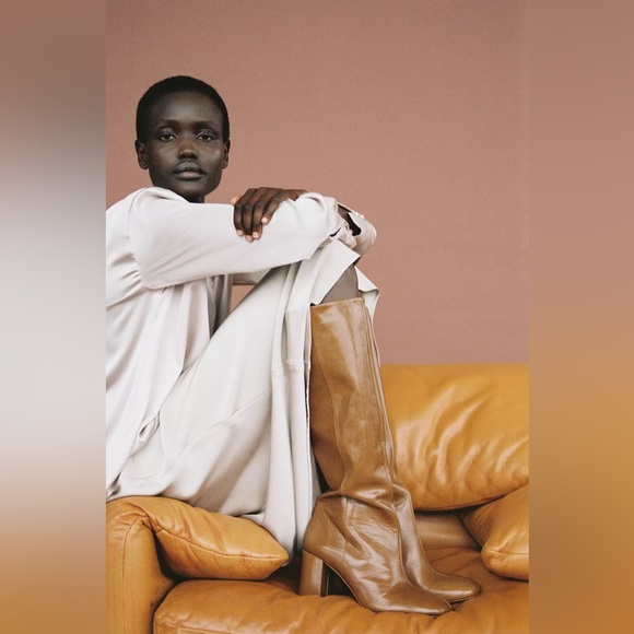 Zara HEELED LEATHER KNEE HIGH BOOTS Brown Knee-High Leather Boots sz 37 US 6.5 - Picture 2 of 10